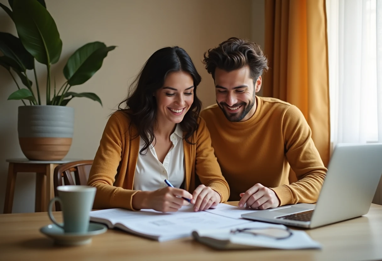Pareja revisando documentos de préstamo